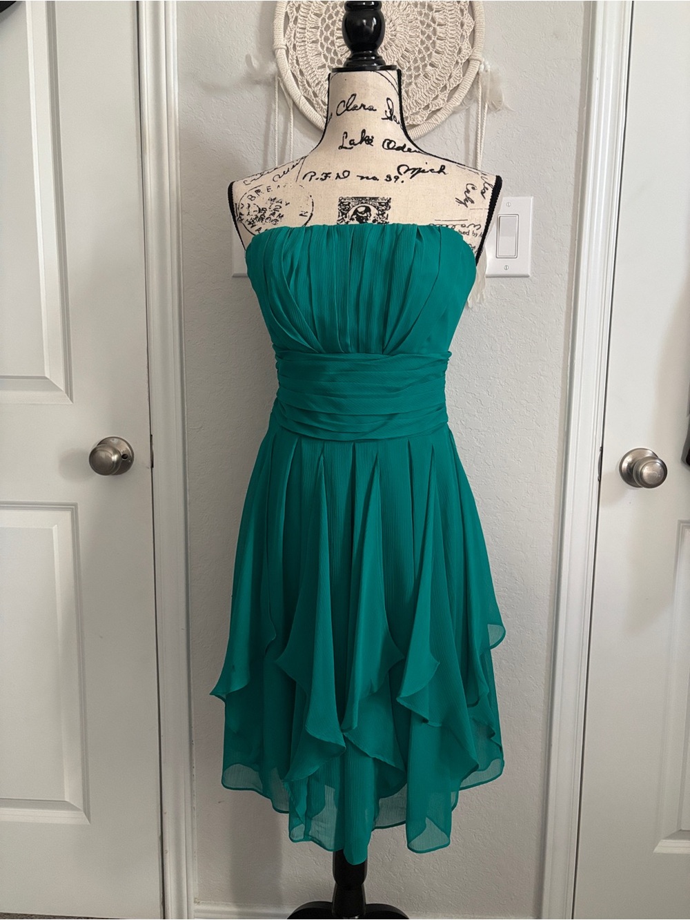 David's Bridal Strapless Teal Chiffon Dress